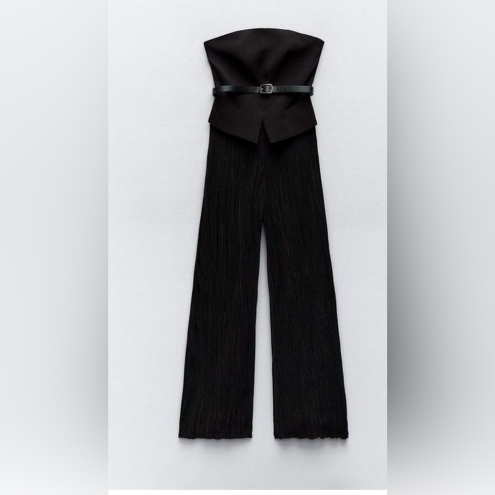 NWT Zara Black Belted Mixed Strapless Pleated Jumpsuit. Size S. - Picture 5 of 6